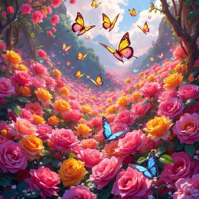 Primary subject: A beautiful garden filled with pink and yellow flowers, surrounded by a forest of trees.

Setting/background: The garden is located in a forest, with trees surrounding the area. The flowers are scattered throughout the scene, creating a vibrant and lively atmosphere.

Visual style: The image is a digital artwork, featuring a colorful and detailed depiction of the garden and its surroundings.

Colors and mood: The dominant colors in the image are pink and yellow, which
